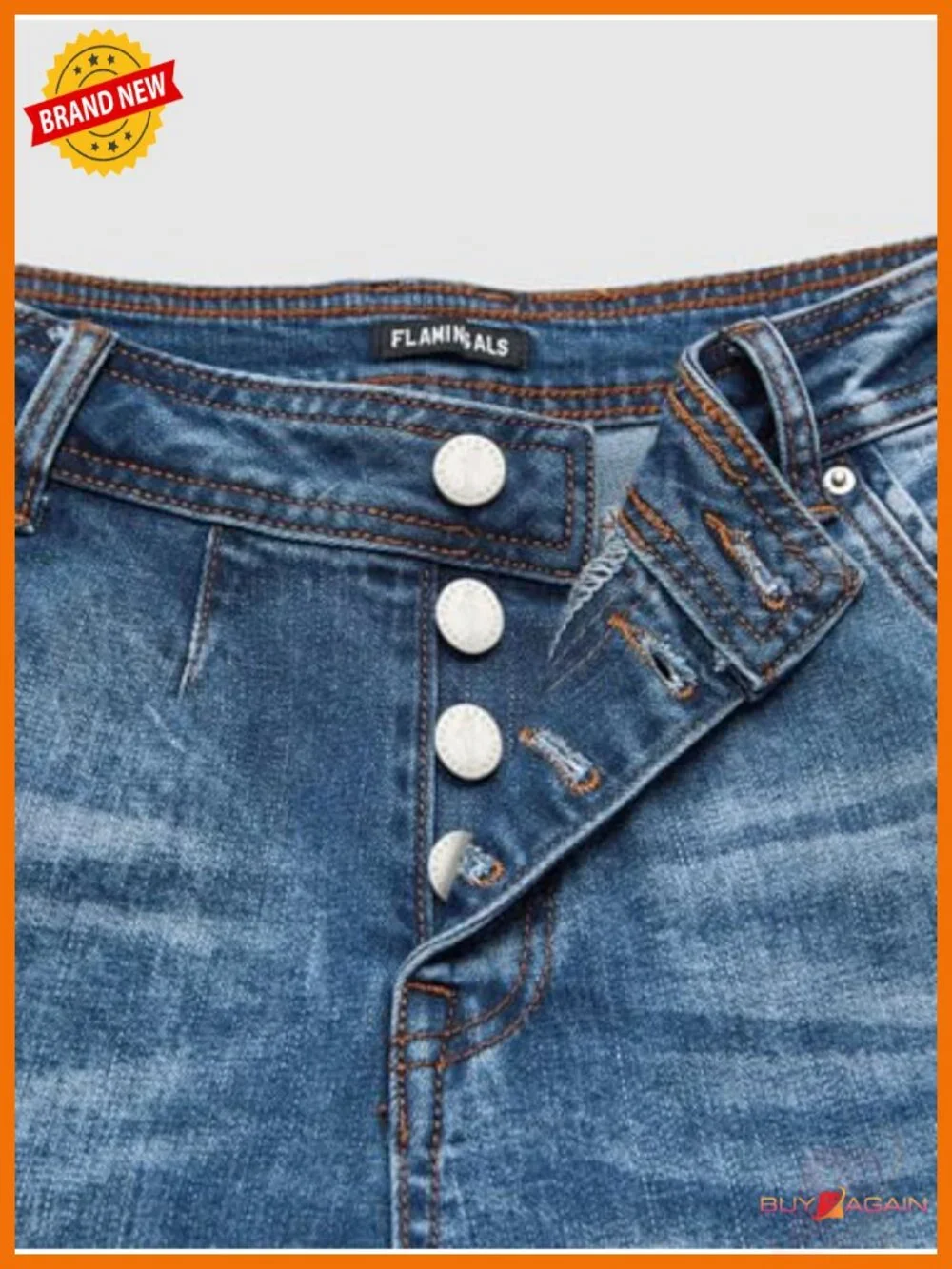 High Rise Double Button Raw Hem Straight Leg Denim Jean Shorts
